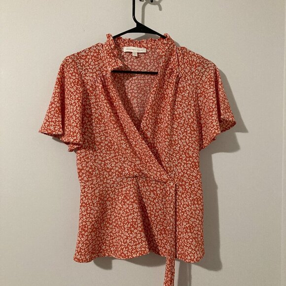 Monteau Womens Size L Floral Orange Pink Synced Waist Blouse Ruffle Sleeves - Picture 1 of 10